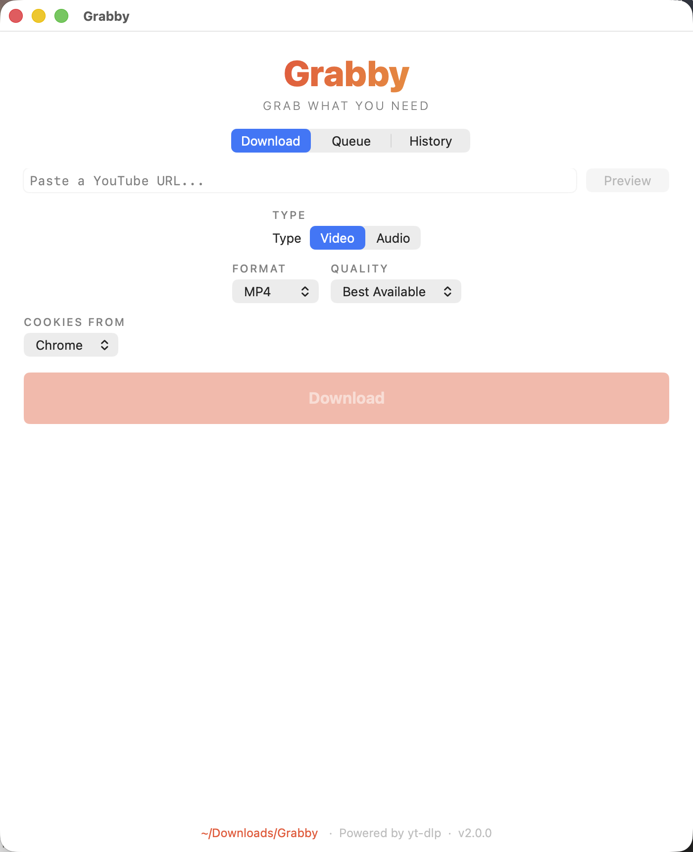 Grabby macOS app showing video download interface